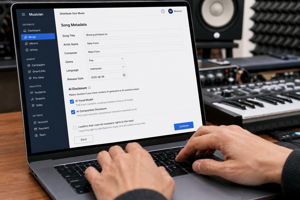 Apple Music Segera Terapkan Label 'Made With AI' untuk Lagu Buatan AI 5 Pengisian formulir deklarasi metadata AI untuk rekaman vokal dan komposisi lagu.