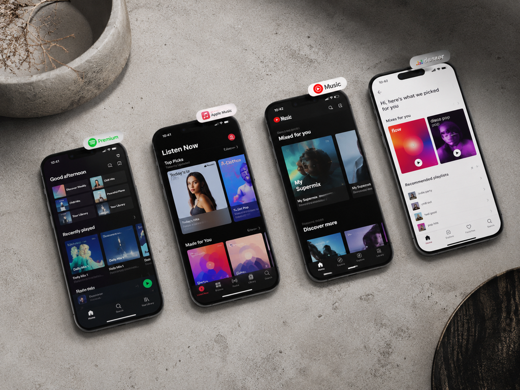 Apple Music Segera Terapkan Label 'Made With AI' untuk Lagu Buatan AI 6 Perbandingan antarmuka penandaan musik AI pada aplikasi Apple Music, Spotify, Deezer, dan Tidal.