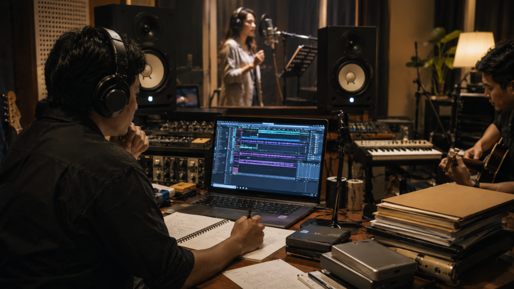 Seniman 2026 Justru Tetap Jaga Batas Ini Saat Berkolaborasi dengan AI 6 Dokumentasi proses produksi musik AI-Assisted dengan kontribusi manusia