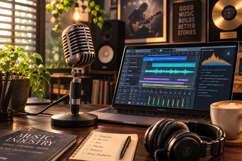 Apple Music Segera Terapkan Label 'Made With AI' untuk Lagu Buatan AI 2 Mikrofon rekaman studio berpadu dengan perangkat pemrosesan kecerdasan buatan untuk produksi musik.