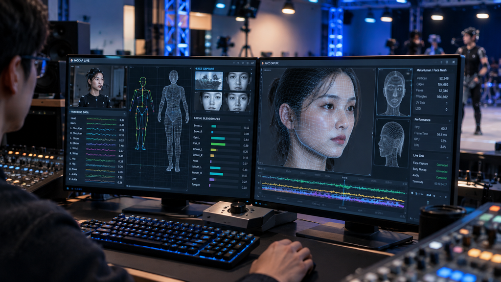 Tampilan layar workstation audio-visual yang memproses pemodelan gerak digital AI idol K-pop.
