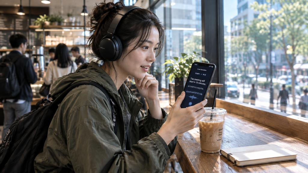 Penggemar mencoba fitur panggilan suara multibahasa berbasis teknologi AI idol K-pop di sebuah kafe.